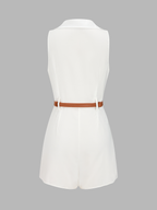 Casual Sleeveless Lapel Belted Romper