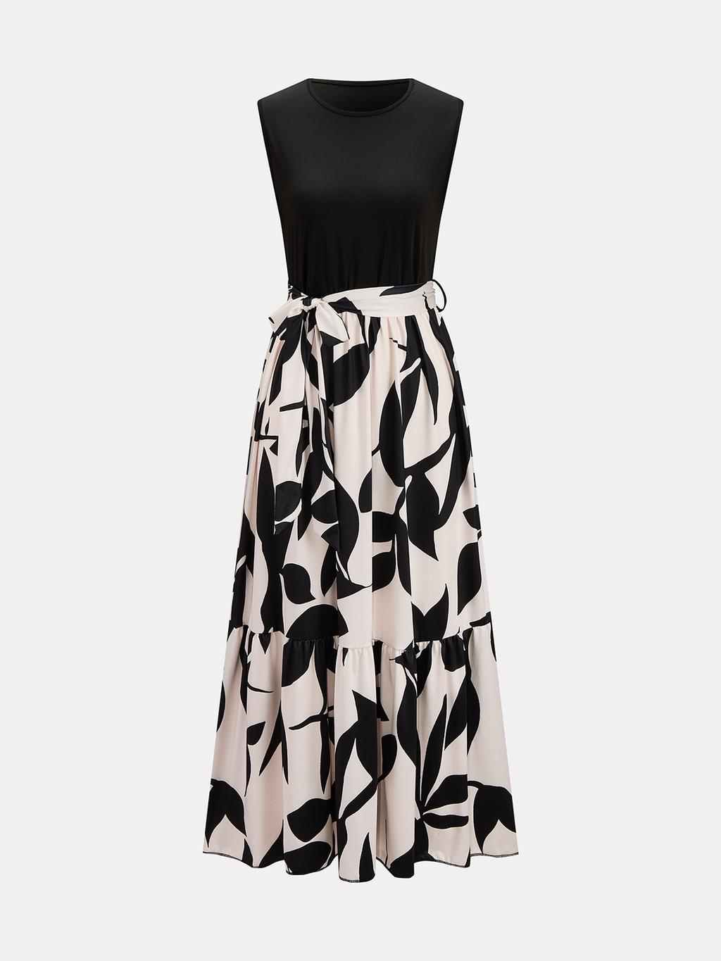 Sleeveless Leaf Print Tie Waist Maxi Dress