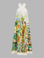 Cross-Neck Tropical Watercolor Print Maxi Dress