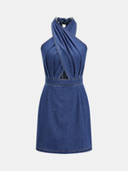 Cross-Front Halter Neck Denim Mini Dress