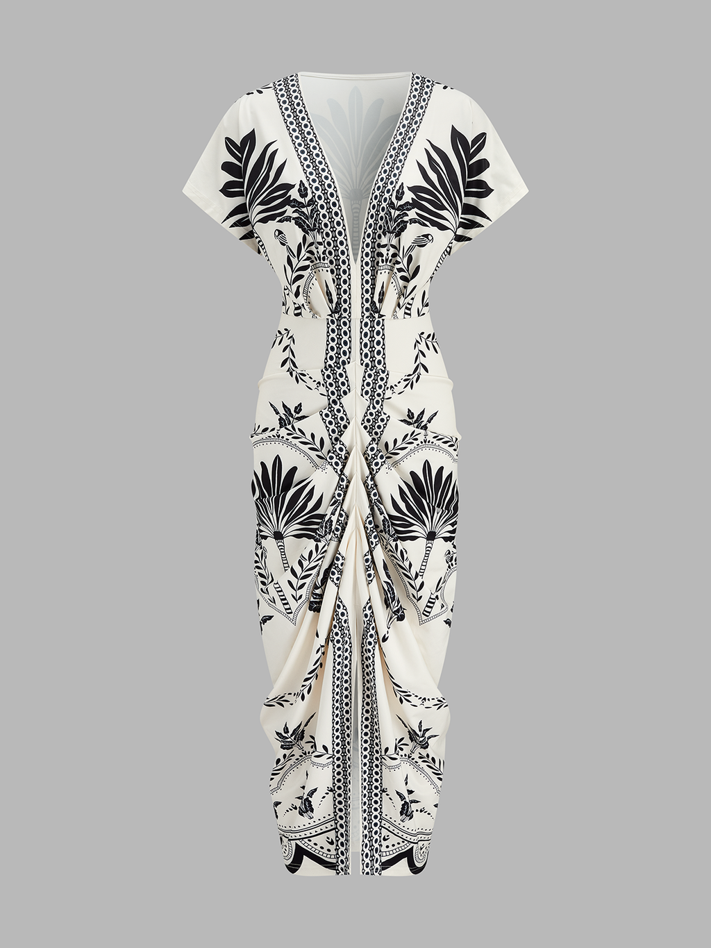 Palm Leaf Print Deep V Neck Maxi Dress