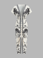 Palm Leaf Print Deep V Neck Maxi Dress