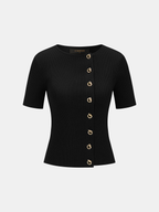 Metal Detail Short Sleeve Ribbed Knit Top