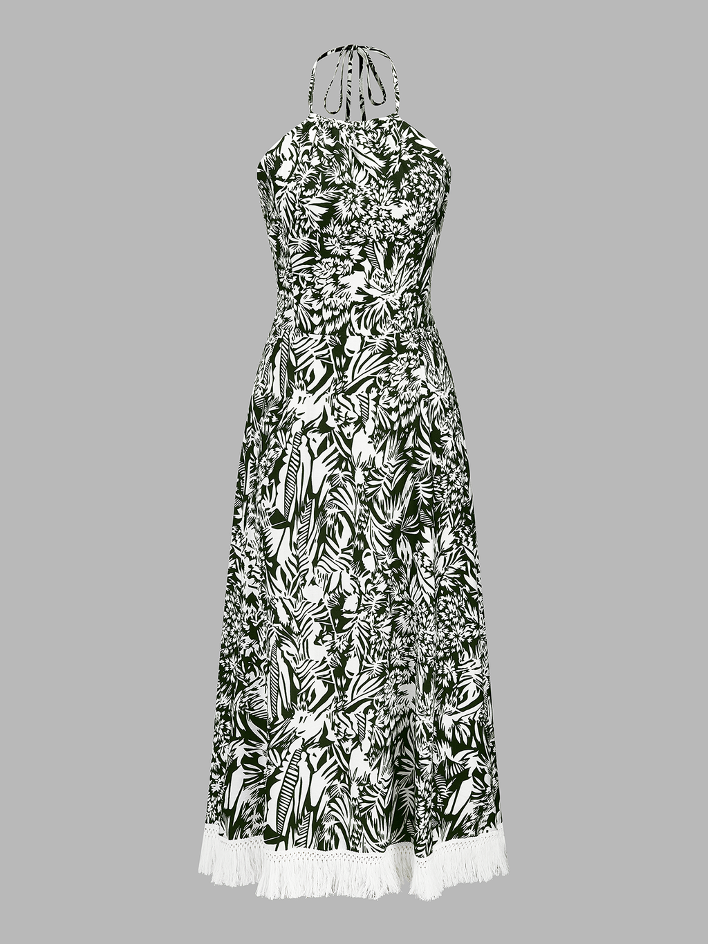 Fringe Hem Jungle Print Halter Maxi Dress