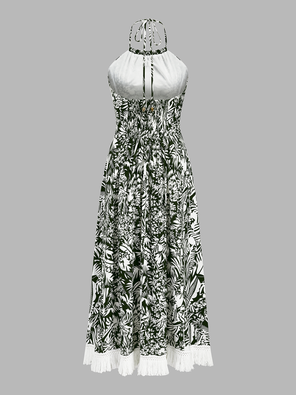 Fringe Hem Jungle Print Halter Maxi Dress