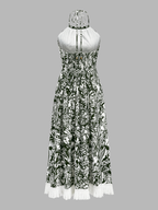 Fringe Hem Jungle Print Halter Maxi Dress