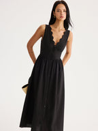 Scalloped Neckline Tie-Back Cotton Maxi Dress