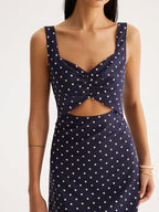 Polka Dot Cutout Cotton Linen Maxi Dress