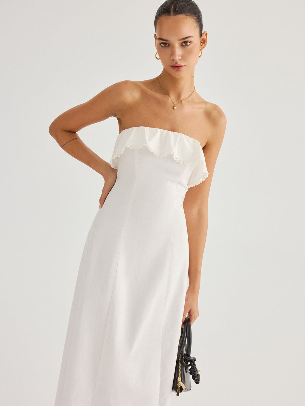 Detachable Straps Ruffled Trim Cotton Midi Dress