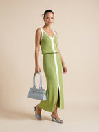 Contrast Trim Slit-Front Ribbed Knit Maxi Dress