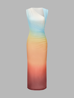 Asymmetric Neckline Sunset Gradient Mesh Midi Dress