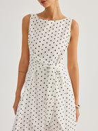 Polka Dot Tie Waist Cotton Linen Maxi Dress