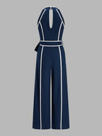 Contrast Trim Belted Cotton Linen Jumpsuit