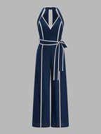 Contrast Trim Belted Cotton Linen Jumpsuit