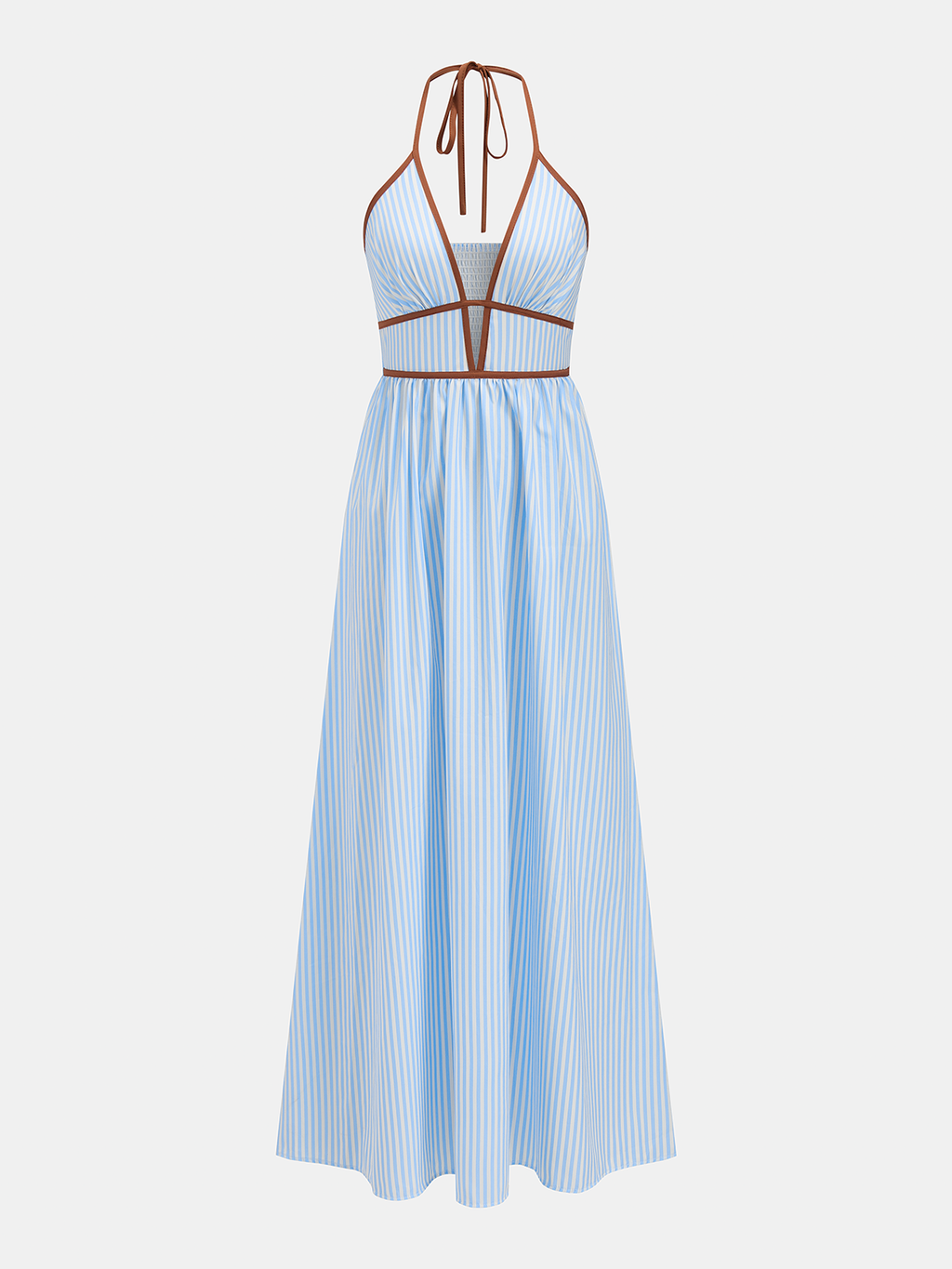 Deep V Neck Halter Striped Midi Dress