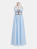 Deep V Neck Halter Striped Midi Dress