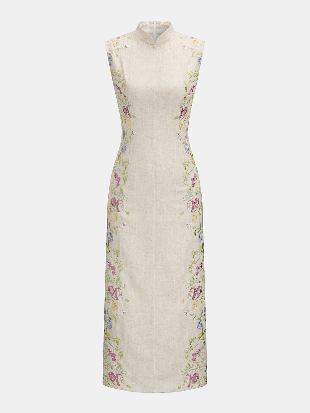 Floral Embroidered Cotton Linen Sleeveless Dress