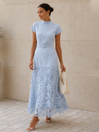 Belted Short Sleeve Lace Hem Midi Dress