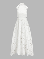 Halter Neck Bow Guipure Lace Maxi Dress