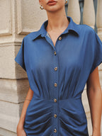 Metal Button Ruched Shirt Dress