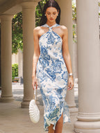 Halter Tie-Back Floral Print Midi Dress