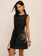 Embroidered Denim Belted Shift Dress