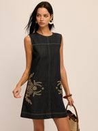 Embroidered Denim Belted Shift Dress