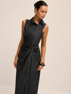 Denim Twist-Front Sleeveless Shirt Dress