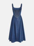 Denim Square Neck Tie Front Midi Dress
