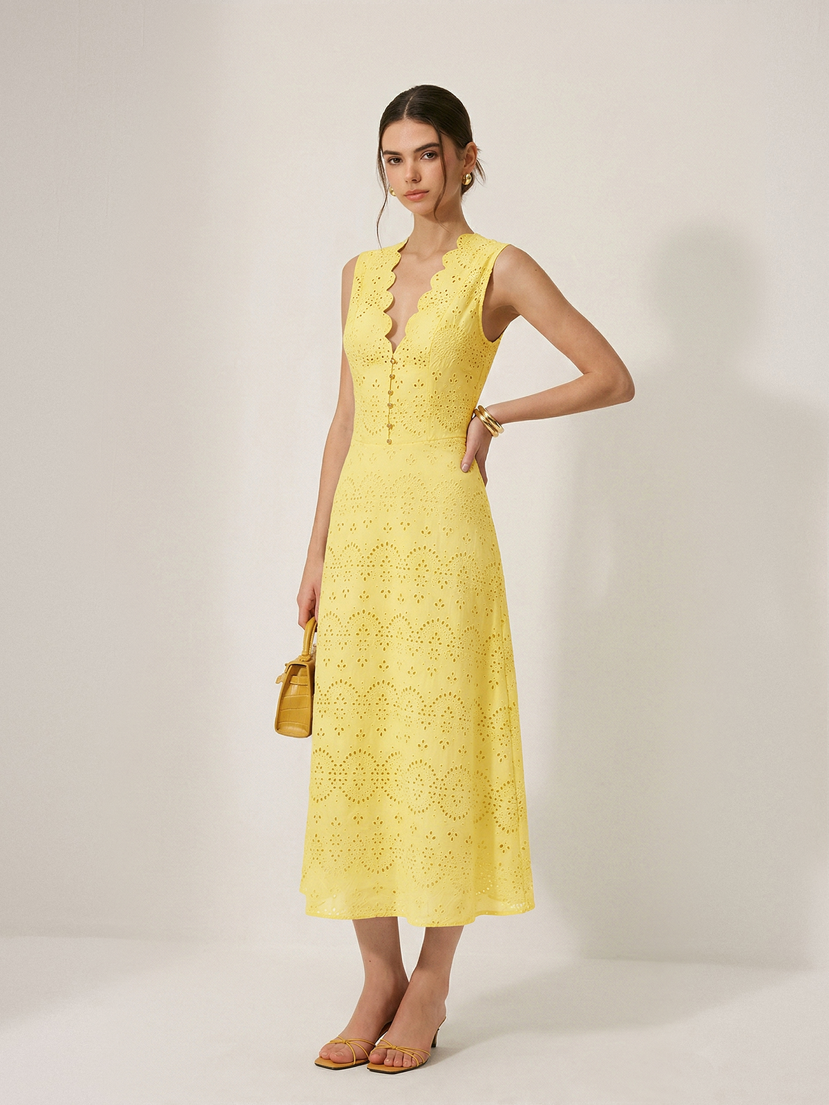 Cotton Sleeveless Embroidered Eyelet Dress with Deep V Neck