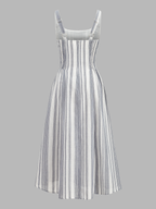 Lace Trim Square Neck Striped Midi Dress
