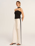 Halter Top & Side-Stripe Belted Pants Set