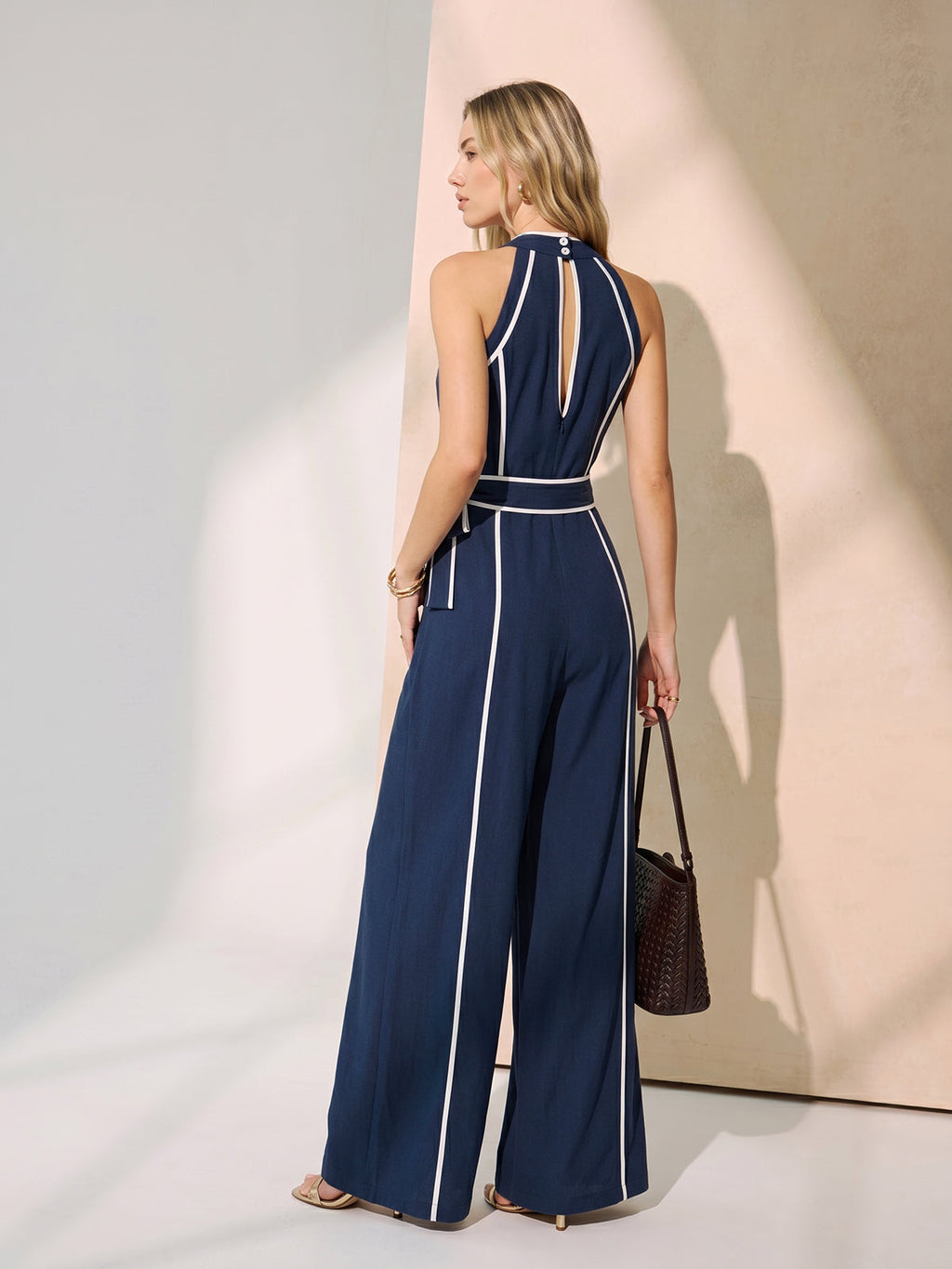 Contrast Trim Belted Cotton Linen Jumpsuit