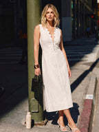 Scalloped Neckline Cotton Linen Midi Dress