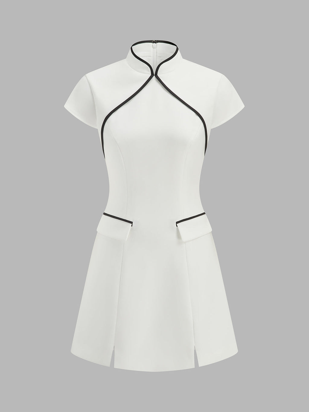 Mandarin Collar Contrast Piping Mini Dress