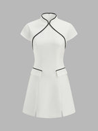 Mandarin Collar Contrast Piping Mini Dress