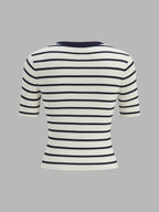 Striped Metal Button Short Sleeve Ribbed Knit Top