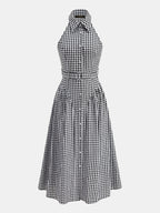 Gingham Collared Halter Belted Midi Dress