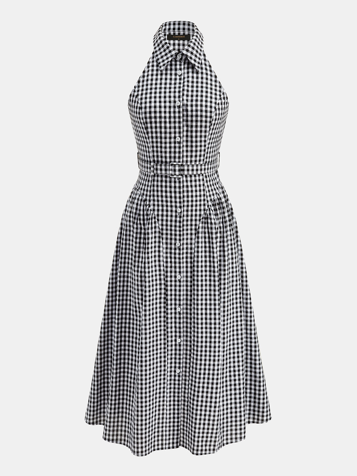 Gingham Collared Halter Belted Midi Dress