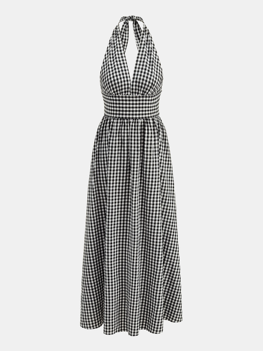 Gingham Deep V Halter Cotton Midi Dress