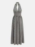 Gingham Deep V Halter Cotton Midi Dress