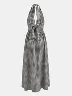 Gingham Deep V Halter Cotton Midi Dress