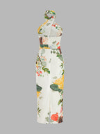 Halter Floral Print Belted Midi Pencil Dress