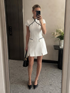 Mandarin Collar Contrast Piping Mini Dress