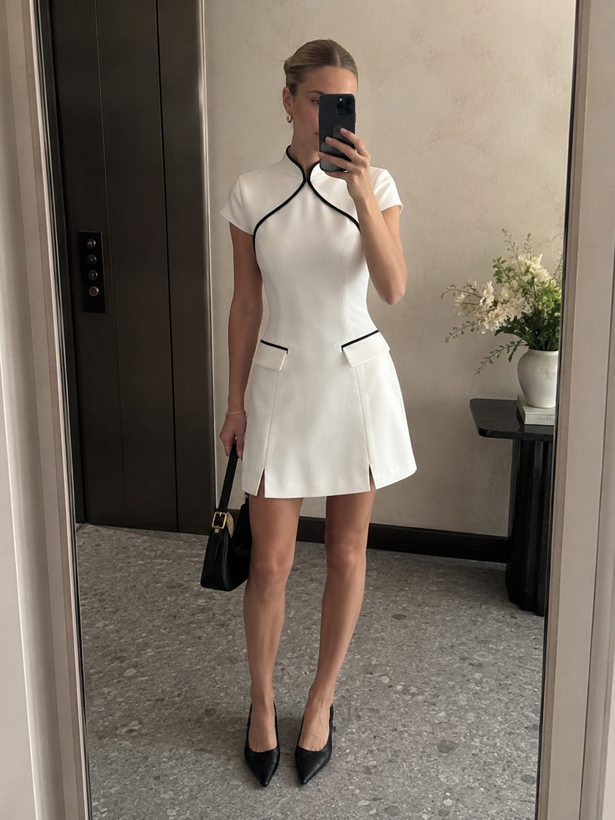 Mandarin Collar Contrast Piping Mini Dress