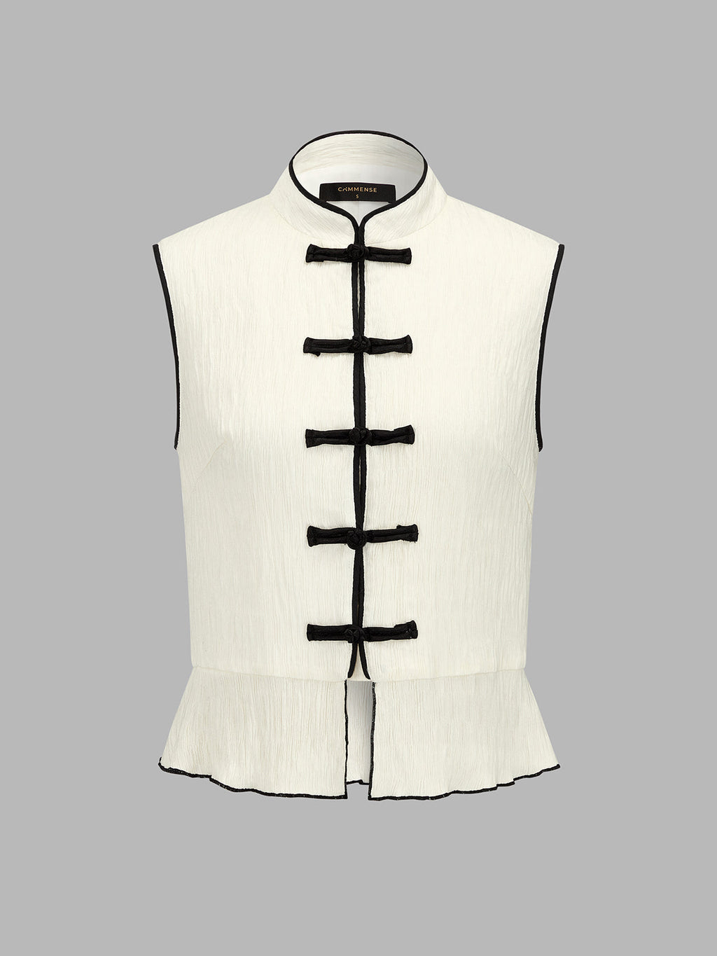 Frog Button Contrast Piping Textured Peplum Top
