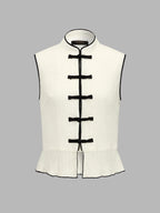 Frog Button Contrast Piping Textured Peplum Top