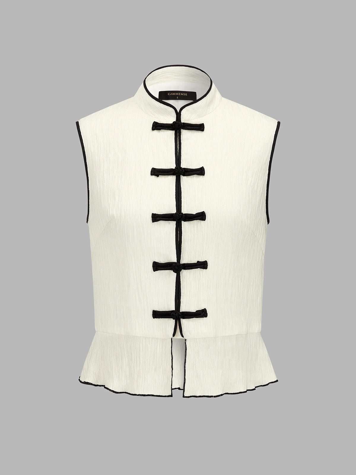 Frog Button Contrast Piping Textured Peplum Top