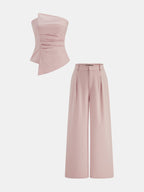 Asymmetric Ruched Strapless Top & Pants Set