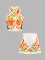 Floral Print Halter Top & Shorts Set
